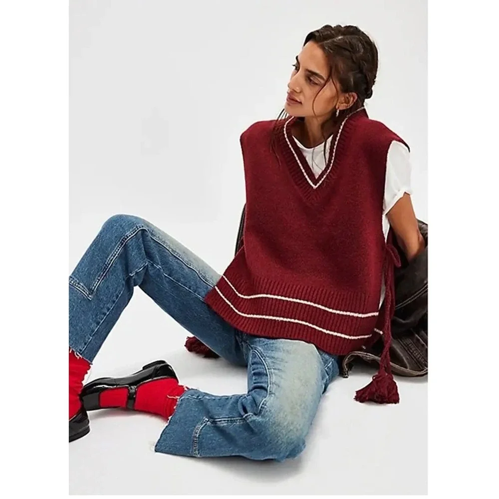 Free People Varsity Stripe Poncho Sweater Vest Boho Tassel NWT‎